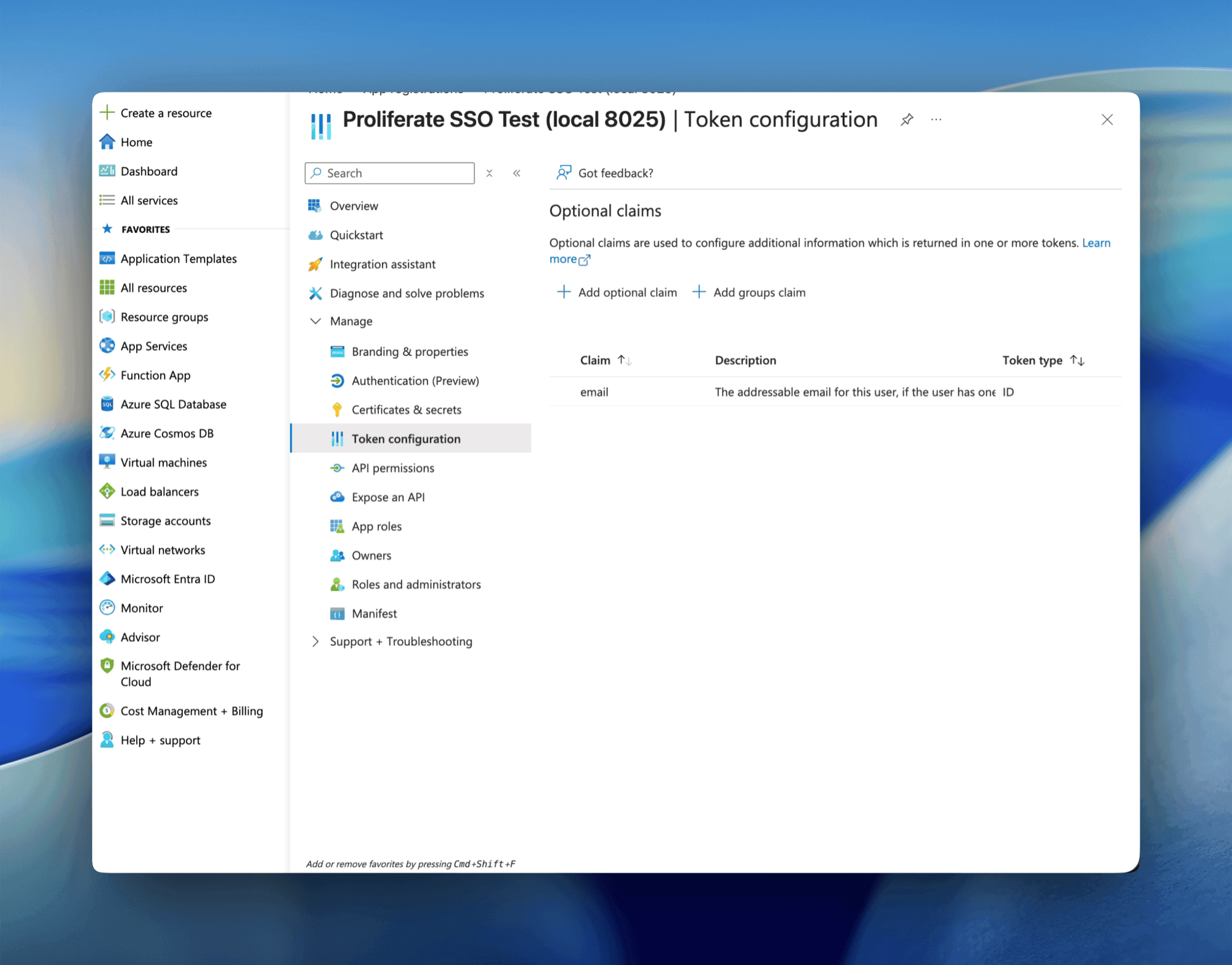 Entra Token configuration showing the email optional claim on the ID token