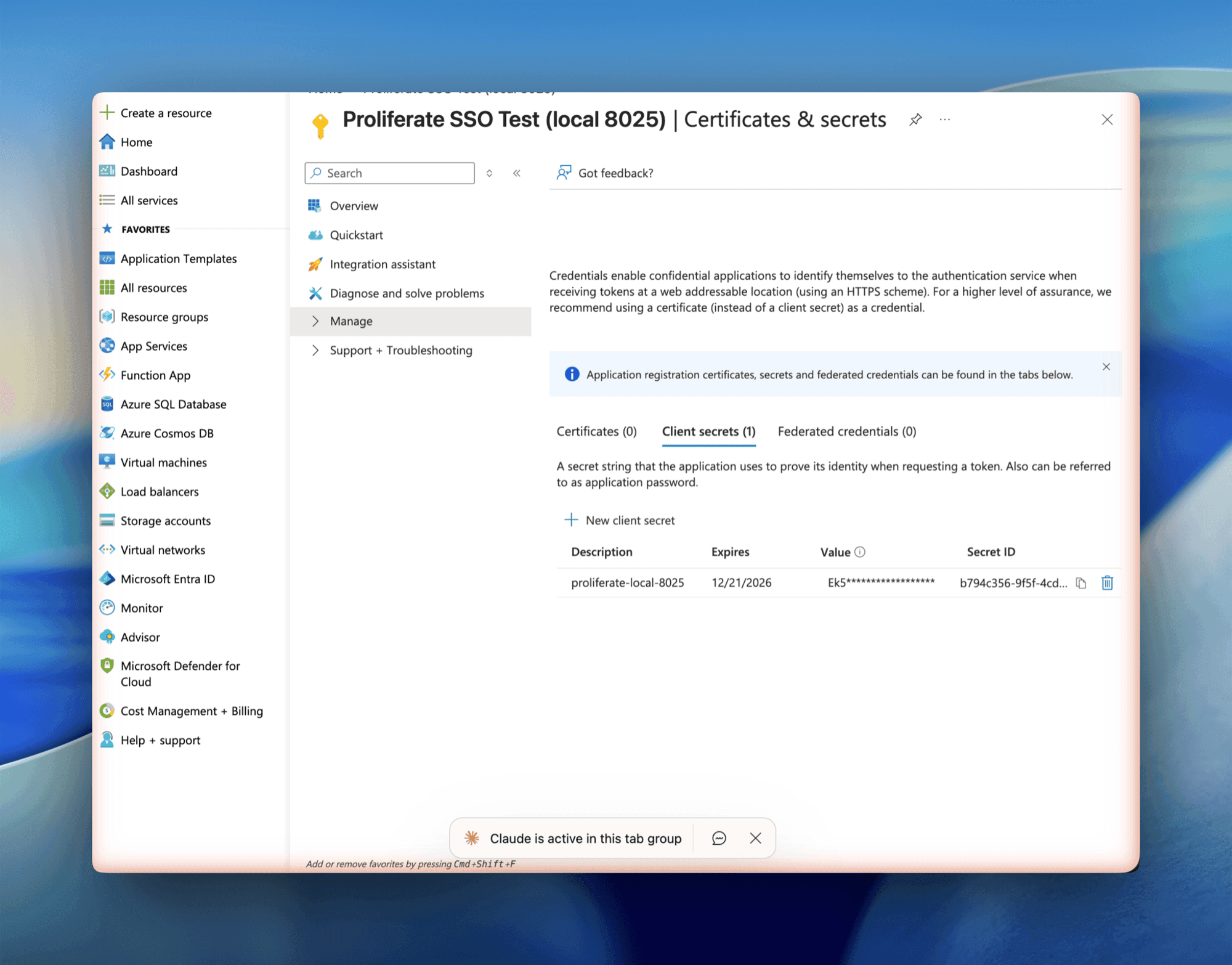 Entra Certificates & secrets page with a client secret