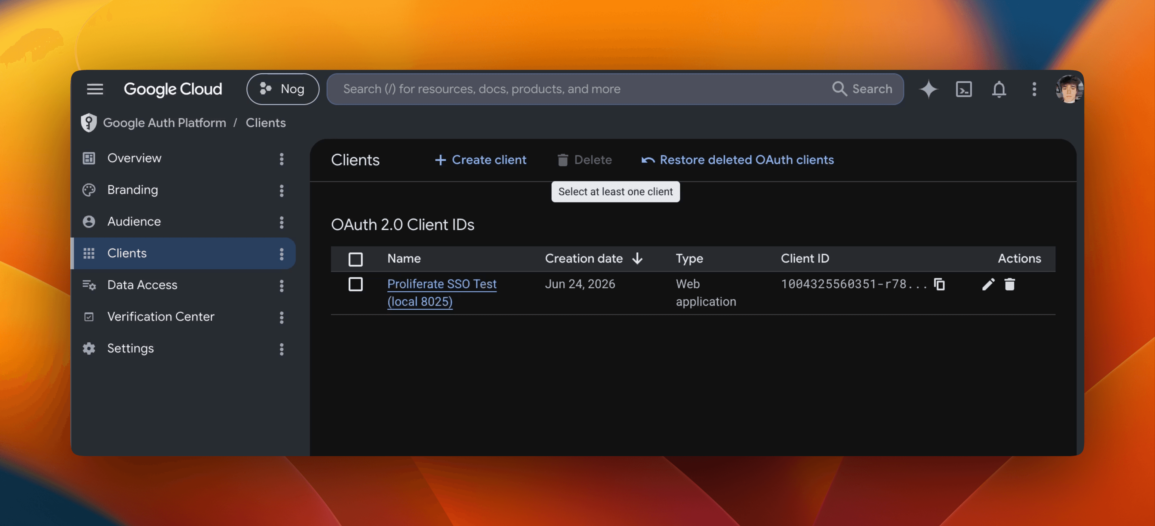 The OAuth 2.0 Client IDs list in Google Cloud showing a Web application client