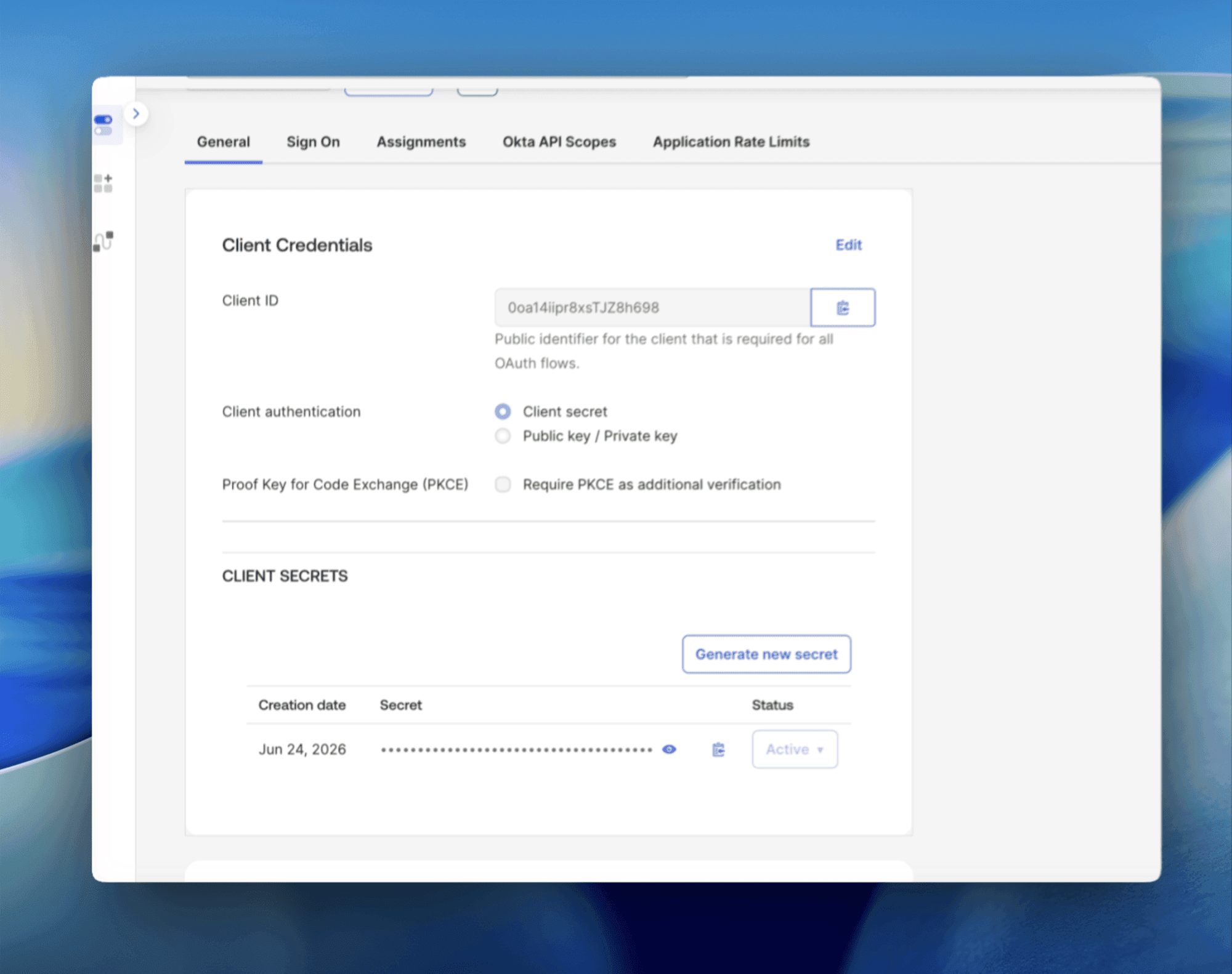 Okta application General tab showing Client ID and client secret