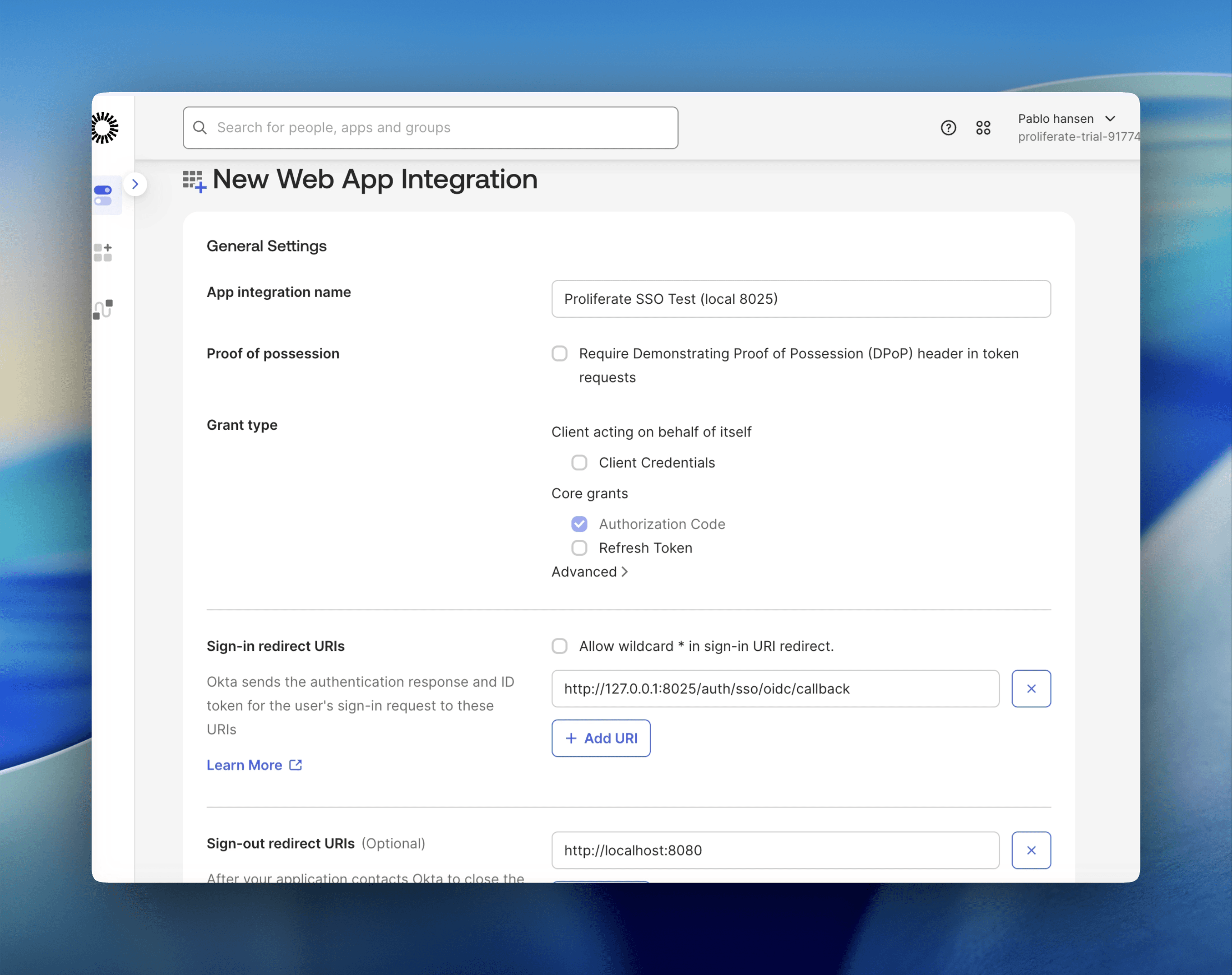 Okta New Web App Integration settings showing name and sign-in redirect URI