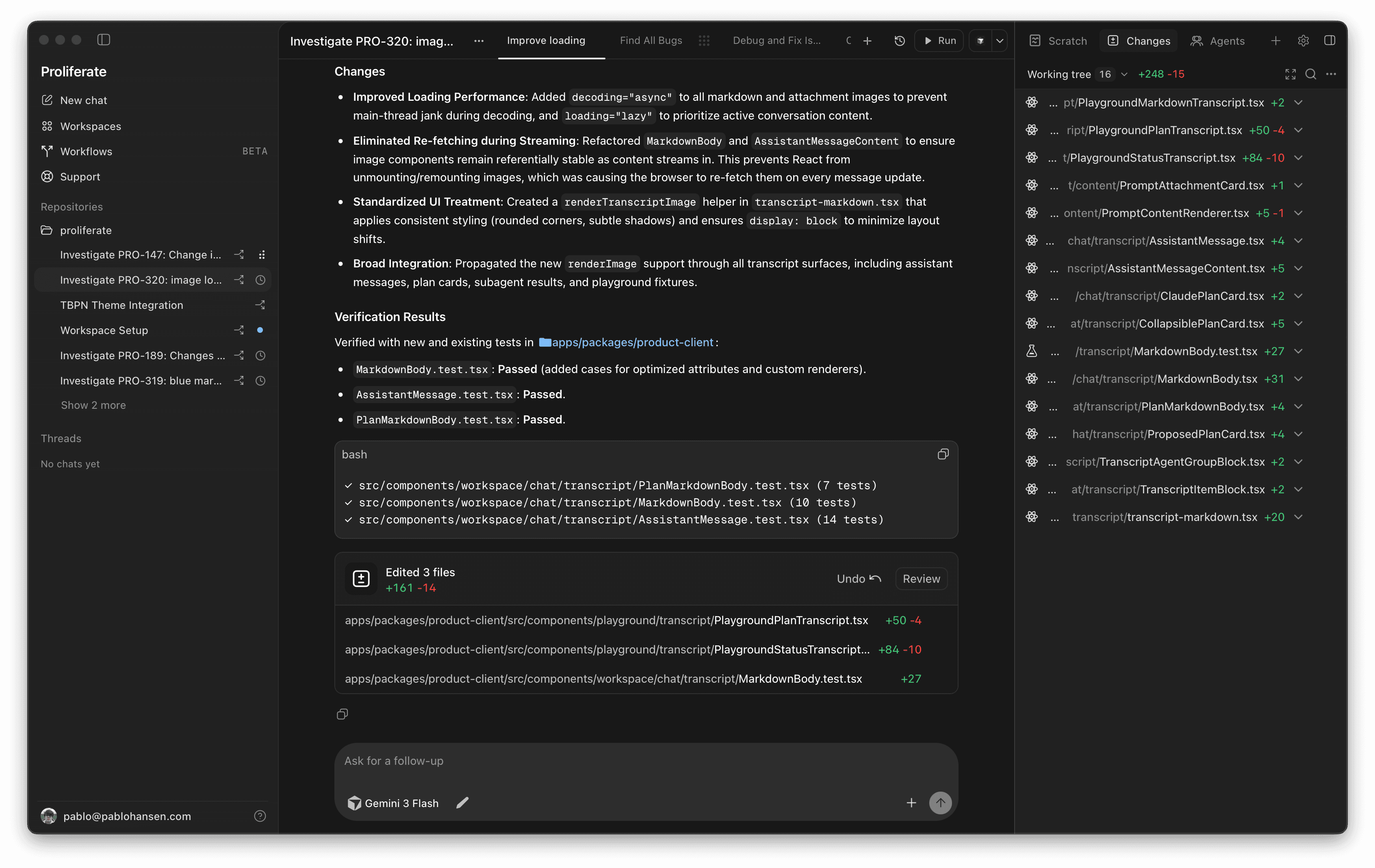 Proliferate workspace with agents, chats, terminals, and changes side by side