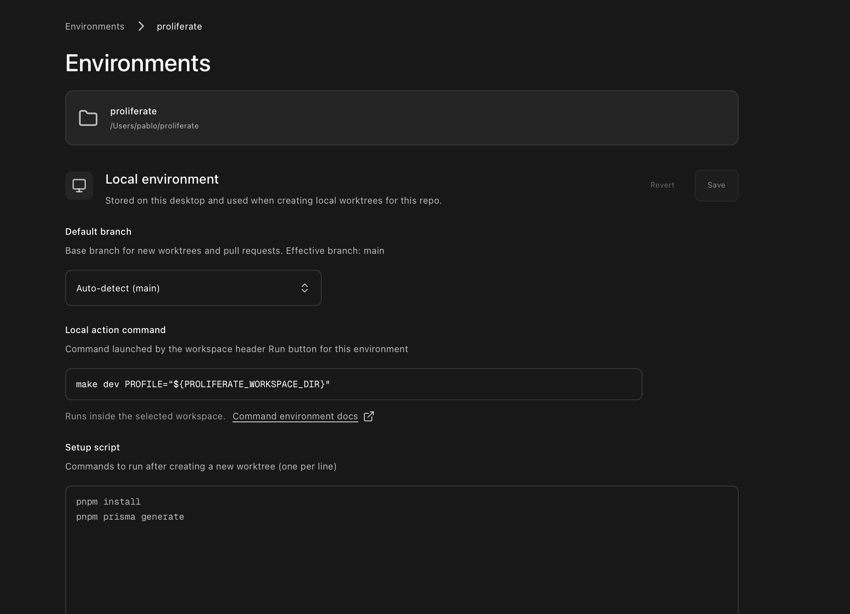 Repository workspace configuration with setup, run, test, and cloud settings.