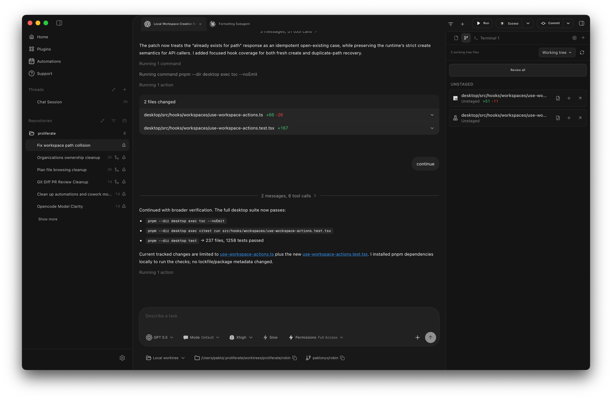 Proliferate desktop app showing a chat session with an agent, the repository sidebar, and a git review panel listing unstaged file changes.