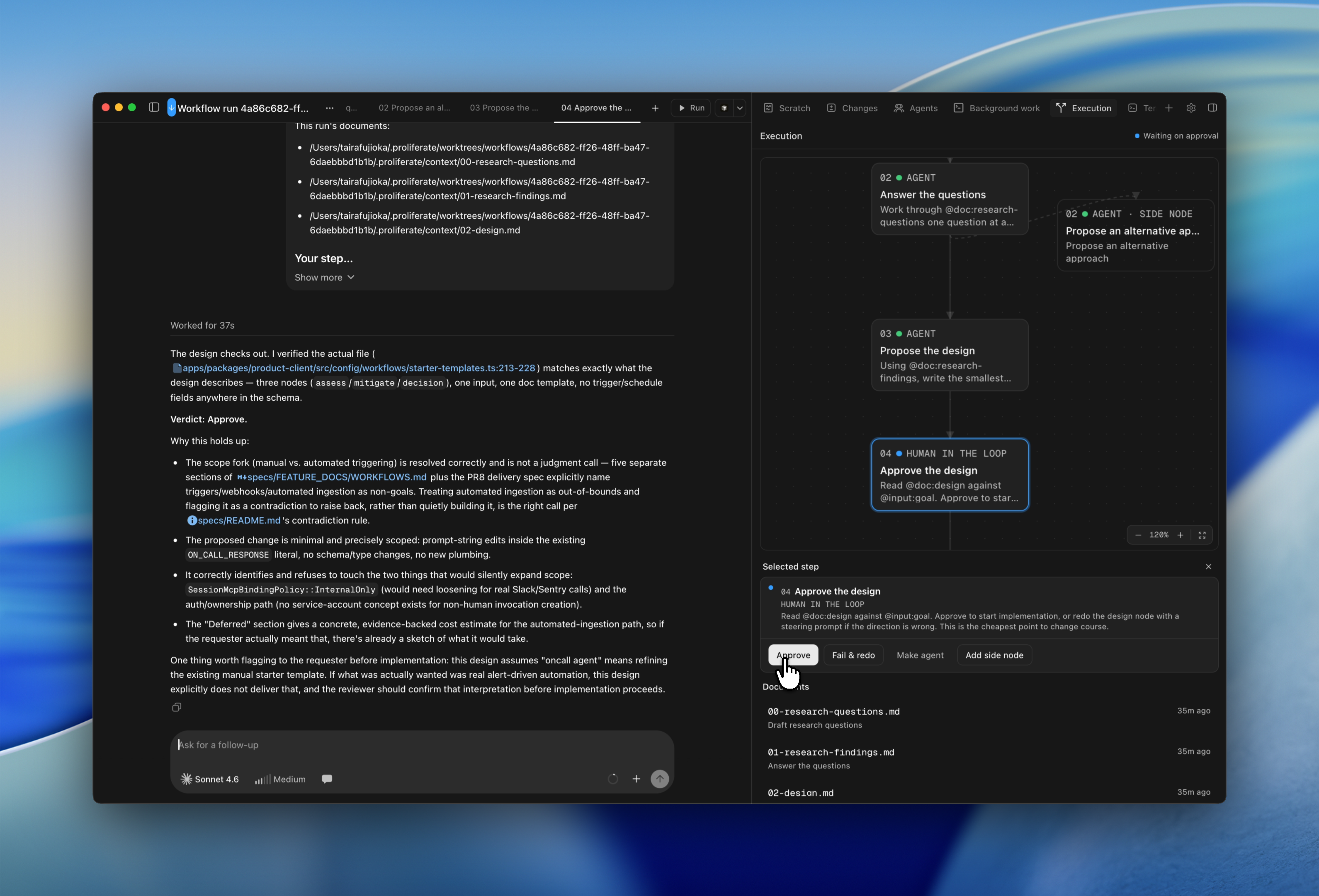A run waiting on approval: the human-in-the-loop step is selected in the Execution panel with Approve, Fail & redo, Make agent, and Add side node actions, while the transcript on the left shows the review the previous step produced.