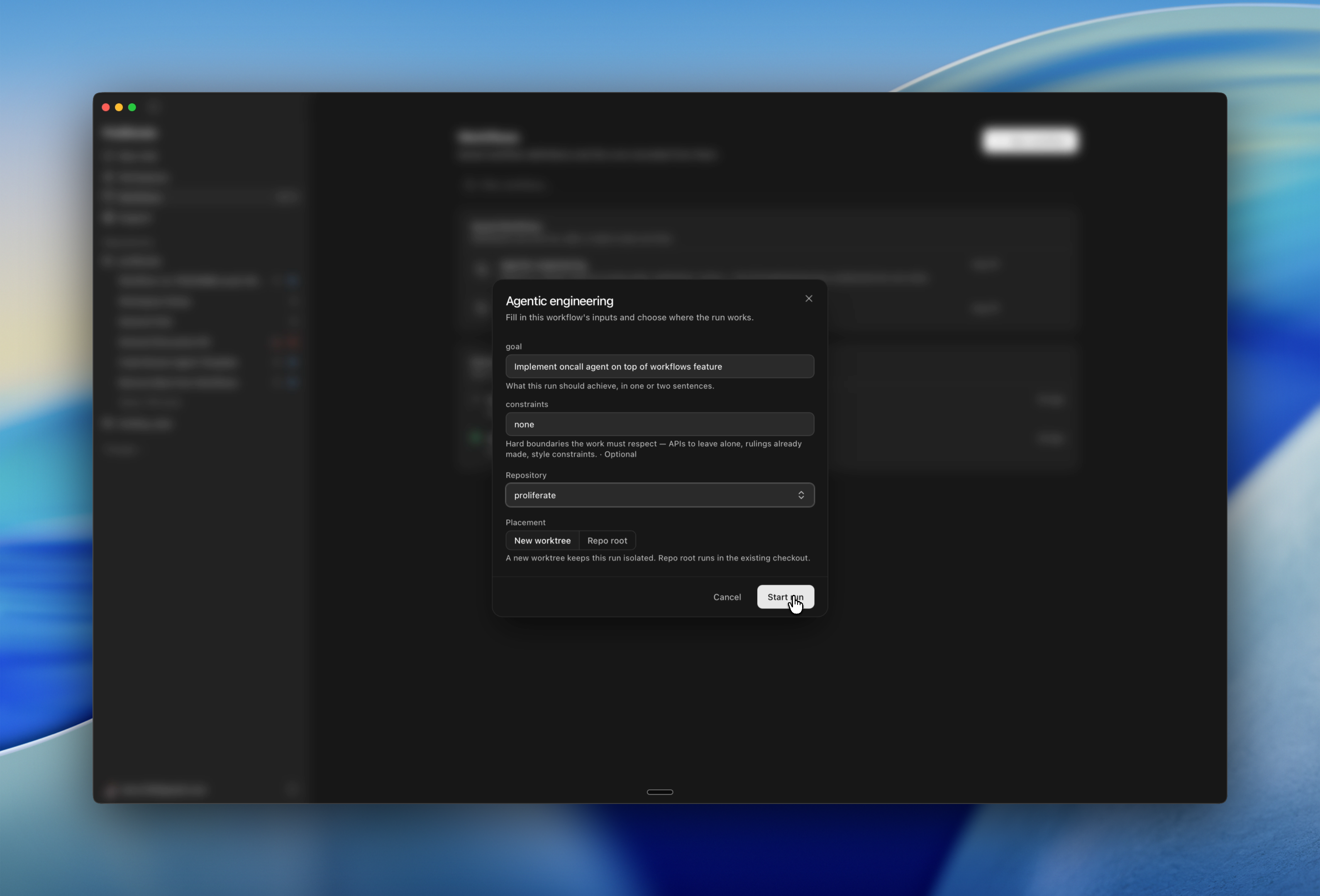 The Start run dialog for a workflow: fields for each declared input with their descriptions, a repository picker, the New worktree / Repo root placement toggle, and a Start run button.