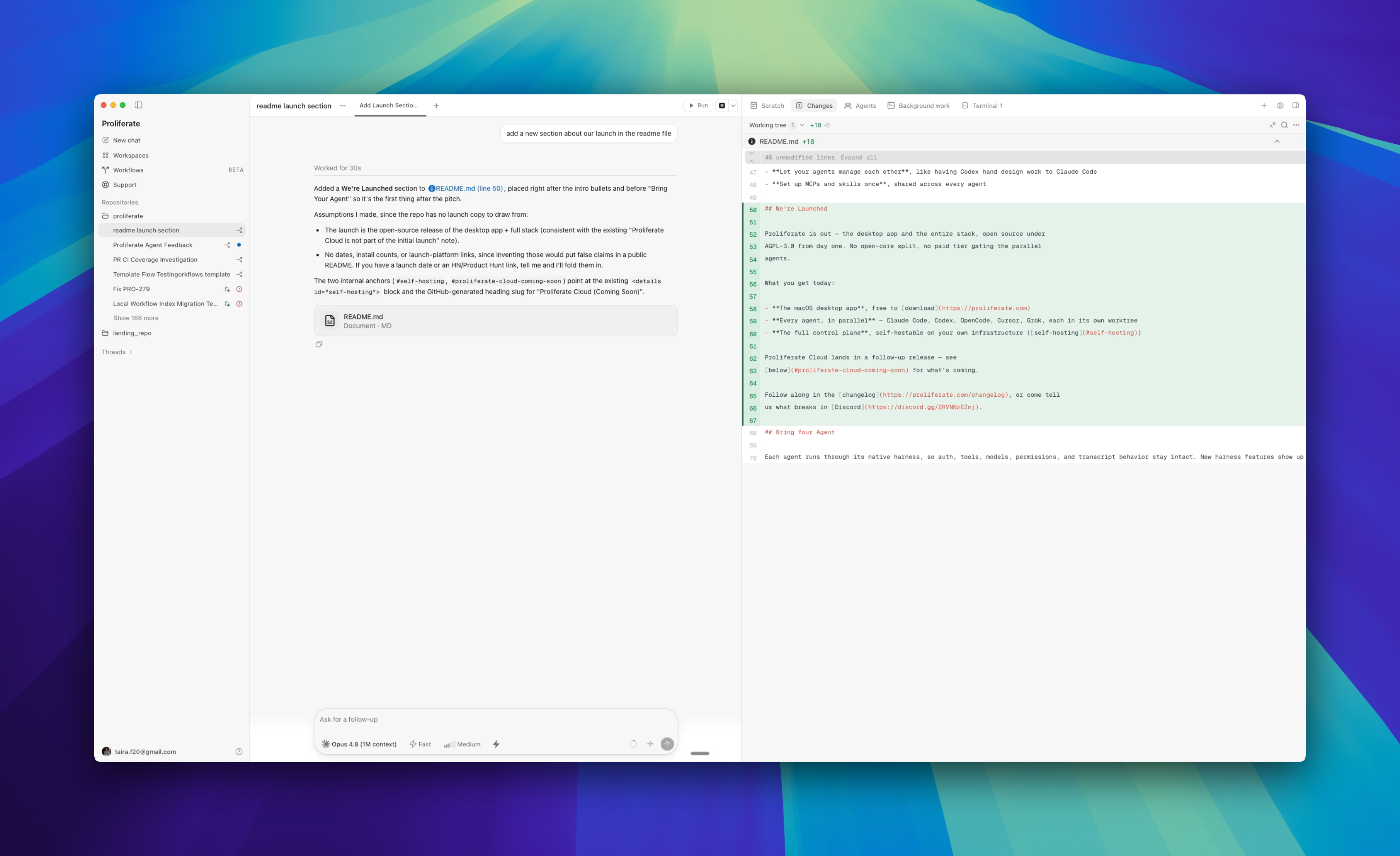 Proliferate desktop workspace after an agent edited a README, with the completed session transcript in the center and the Changes panel showing the unstaged README diff on the right.