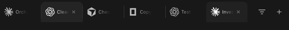 Workspace tabs showing multiple agent sessions running in parallel.