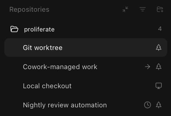 Workspace sidebar showing local, worktree, cloud, automation-created, and agent-created workspaces.