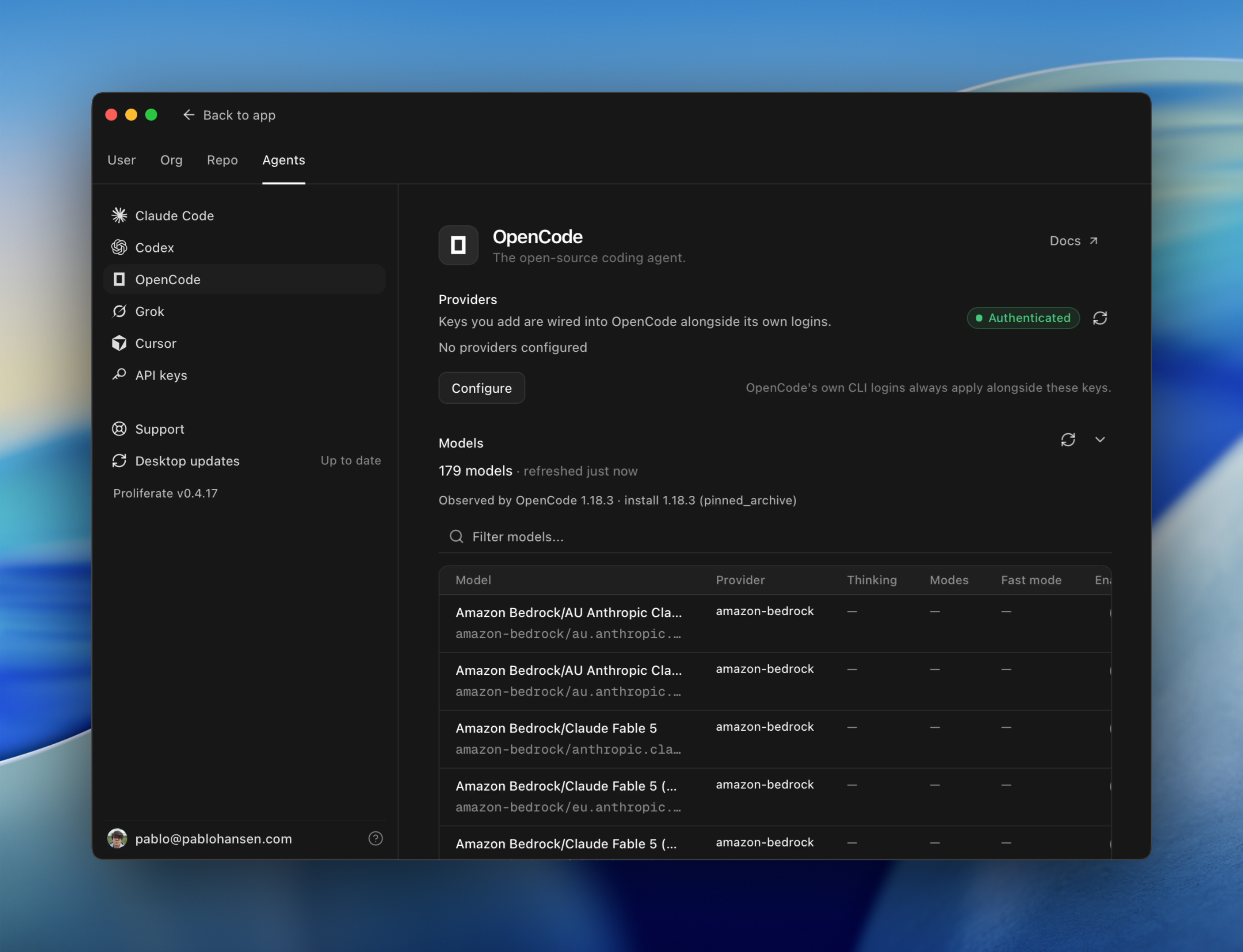 Configuring OpenCode and its available models alongside Claude Code, Codex, Grok, and Cursor in Proliferate.