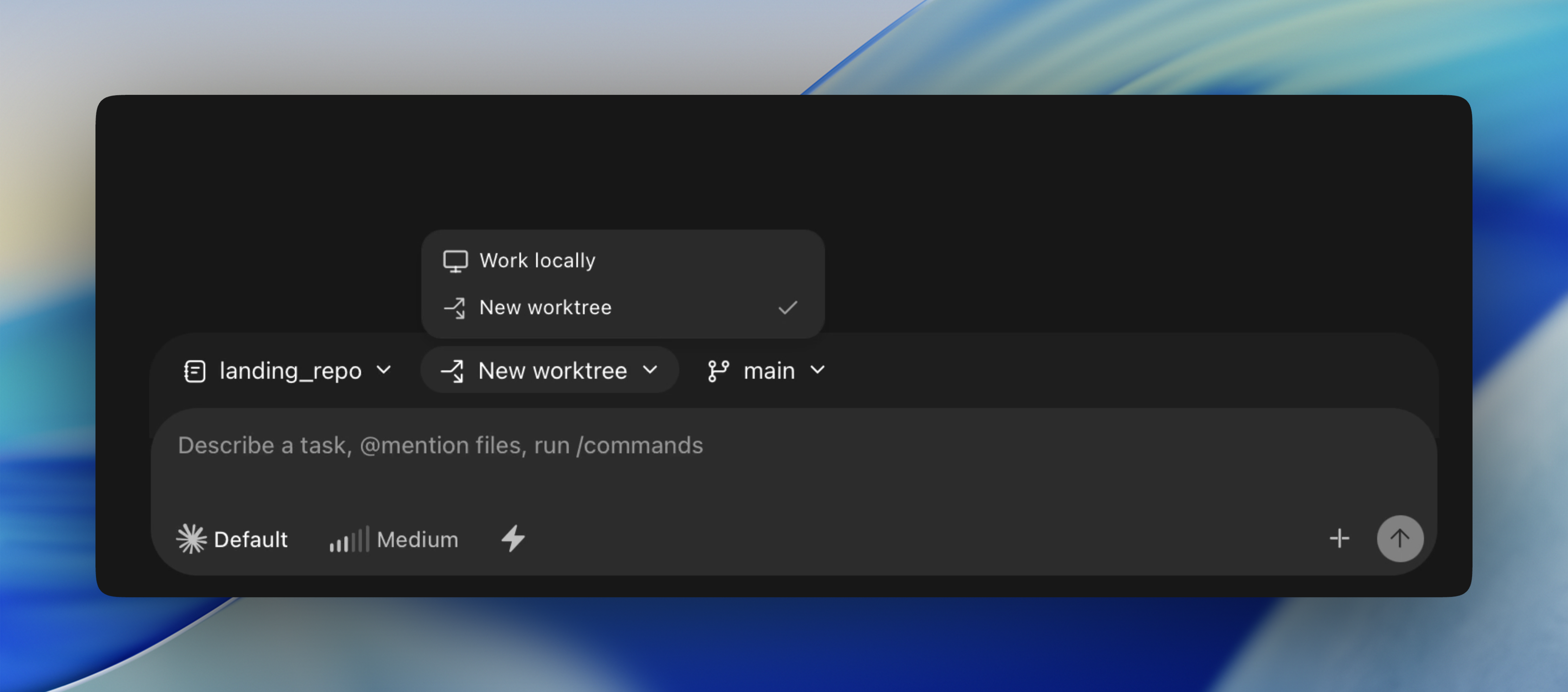 Choosing between a local checkout and a new worktree in the Proliferate composer.